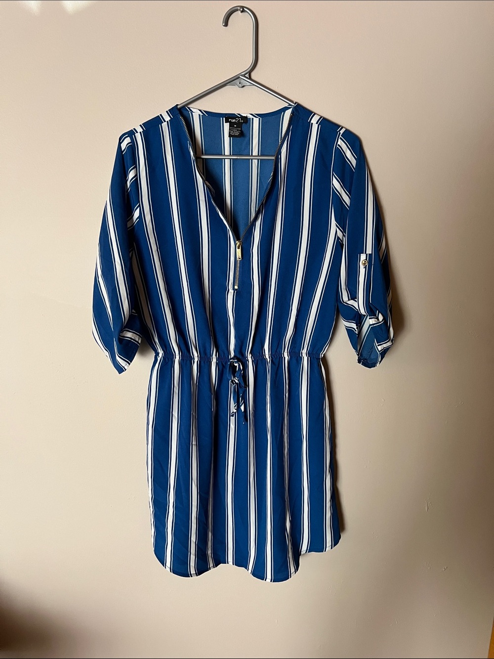 Rue21 Blue and White Striped V-Neck Drawstring Mini Dress